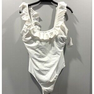 NWT Sugar Coast Ruffle One Piece Swimsuit White Scoop Neck High Cut L Resort